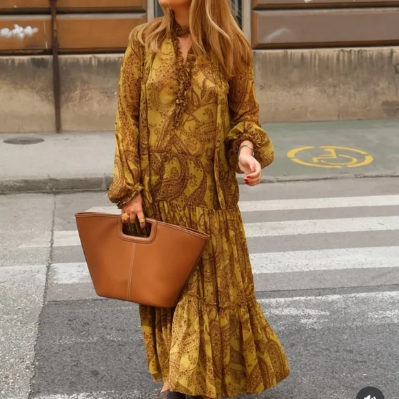 Zara Zw Collection Oversized Boho Smocked Paisley Maxi Dress With Metallic  - www.threedaughtersproperties.com